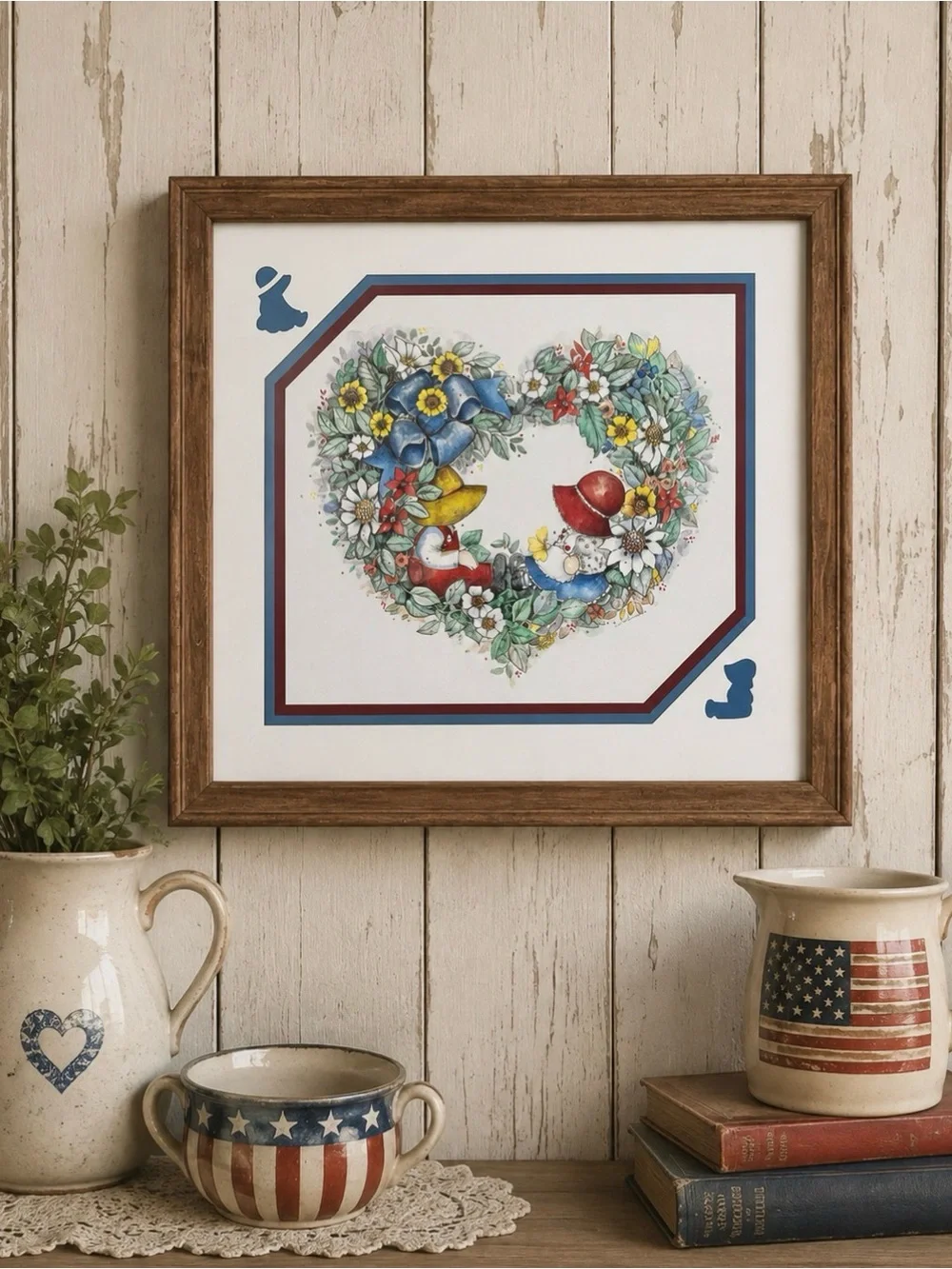 L CHAMBERS Art Print COUNTRY Flowers RIBBON Boy Girl HEART Frame Matted 16½x15½